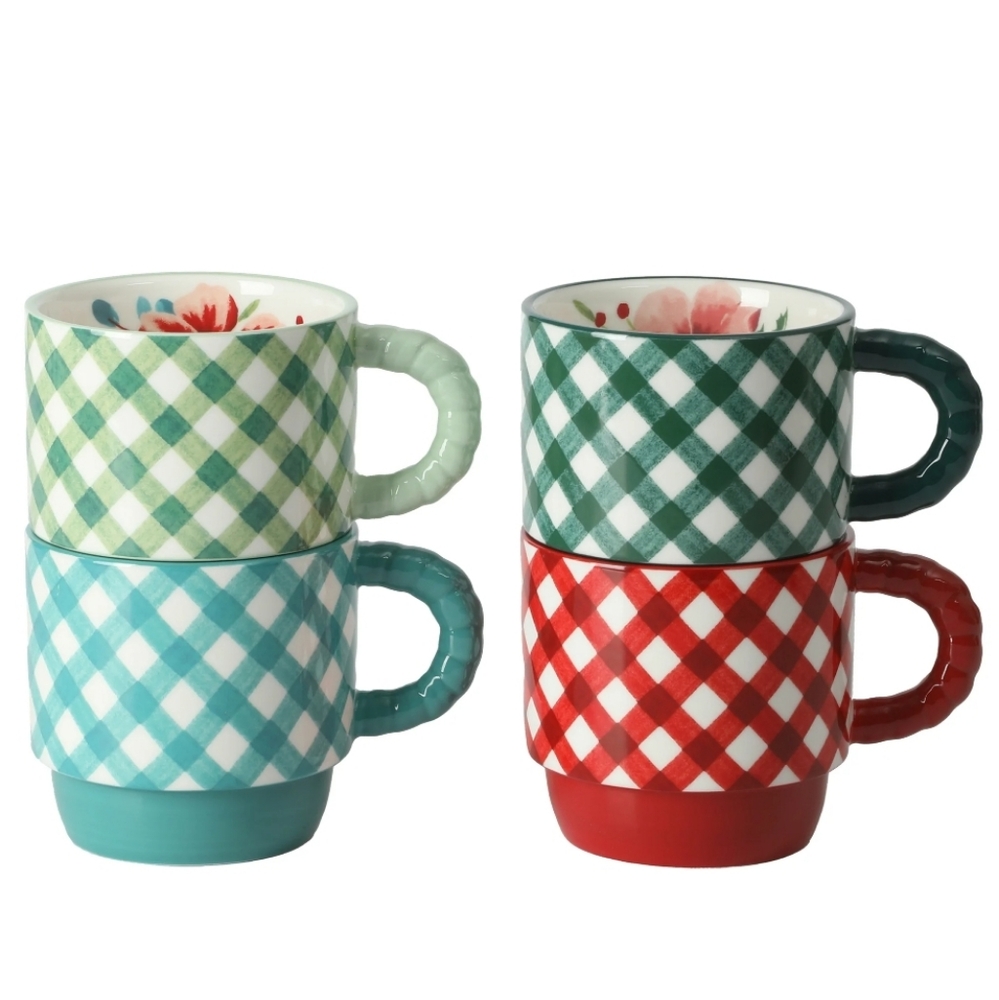 💕 New The Pioneer Woman Merry Meadow Gingham Checkered Mugs With Rack 5 Piece
